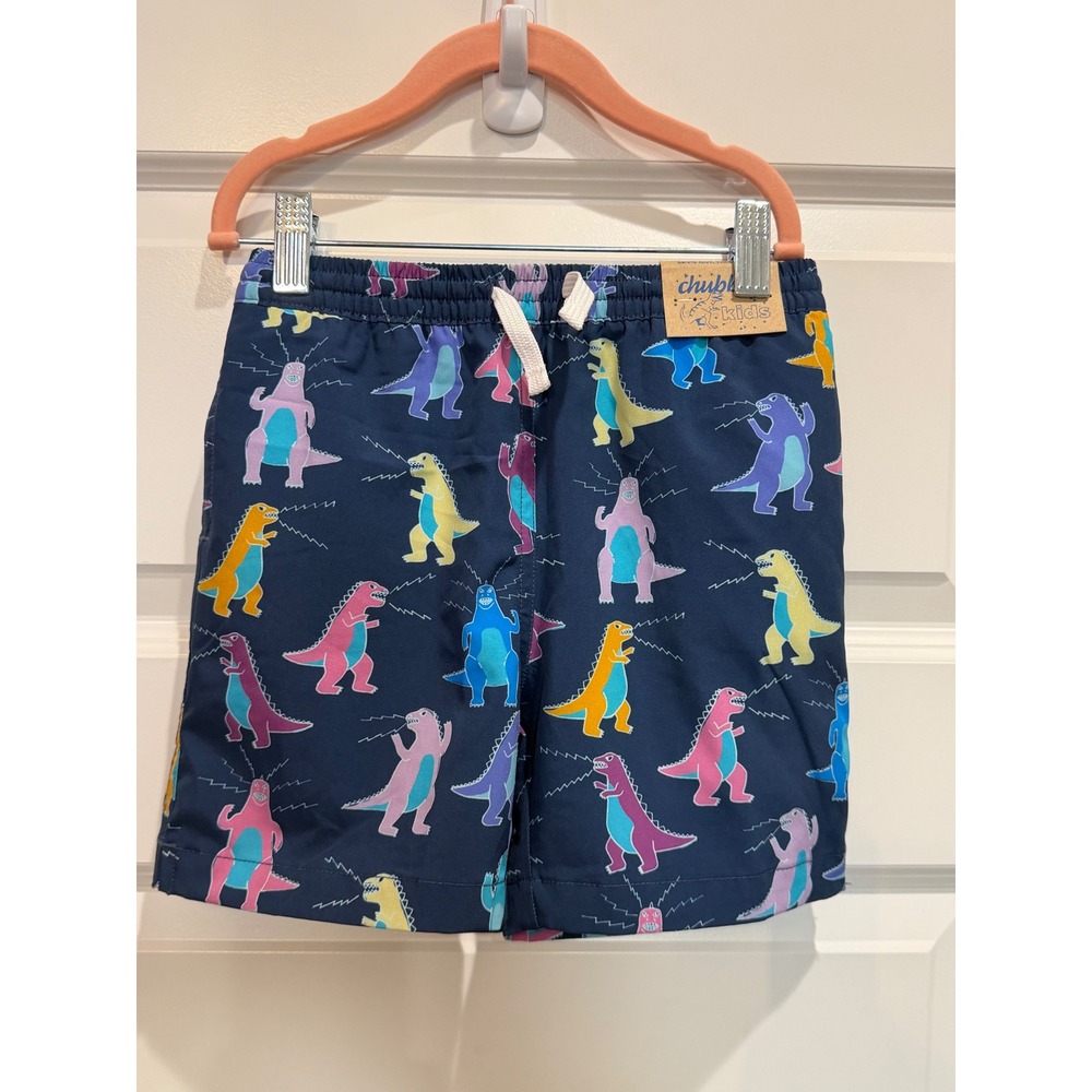 Chubbies Kids Navy Blue Neon Dinosaur Print Swim Trunks Shorts NWT Size 6
